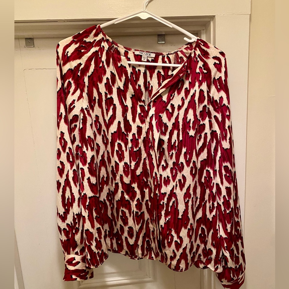 Nic and Zoe Red Animal Print Abstract Patterned Blouse